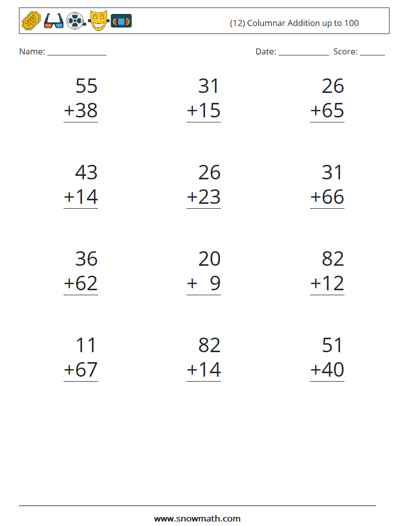 (12) Columnar Addition up to 100 Maths Worksheets 16