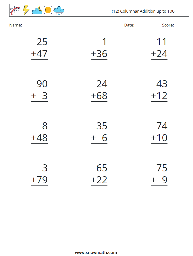 (12) Columnar Addition up to 100 Maths Worksheets 17