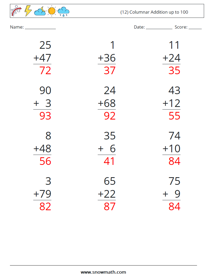 (12) Columnar Addition up to 100 Math Worksheets 17 Question, Answer