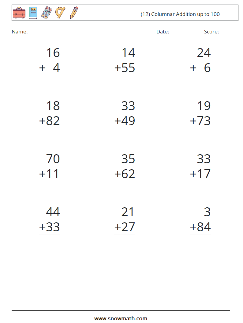 (12) Columnar Addition up to 100 Maths Worksheets 3