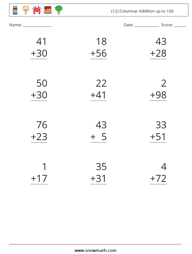 (12) Columnar Addition up to 100 Maths Worksheets 8