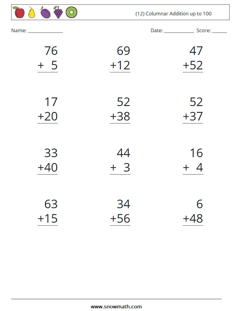 (12) Columnar Addition up to 100 Maths Worksheets 9