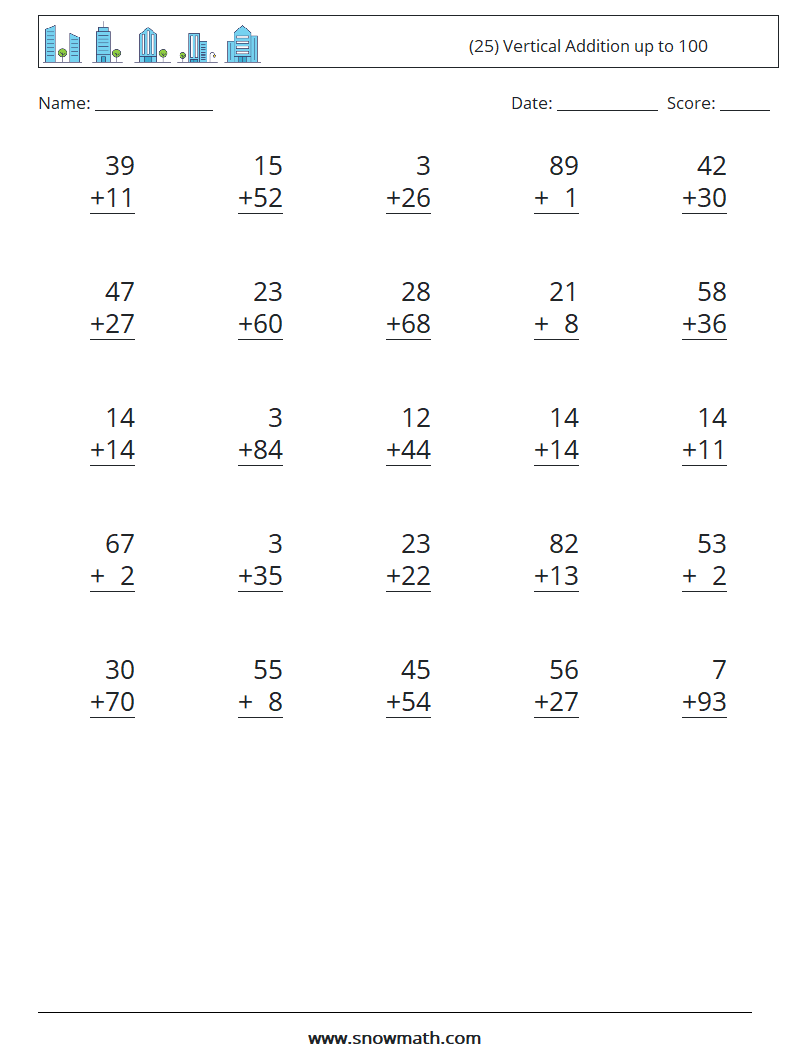 (25) Vertical Addition up to 100 Math Worksheets 11