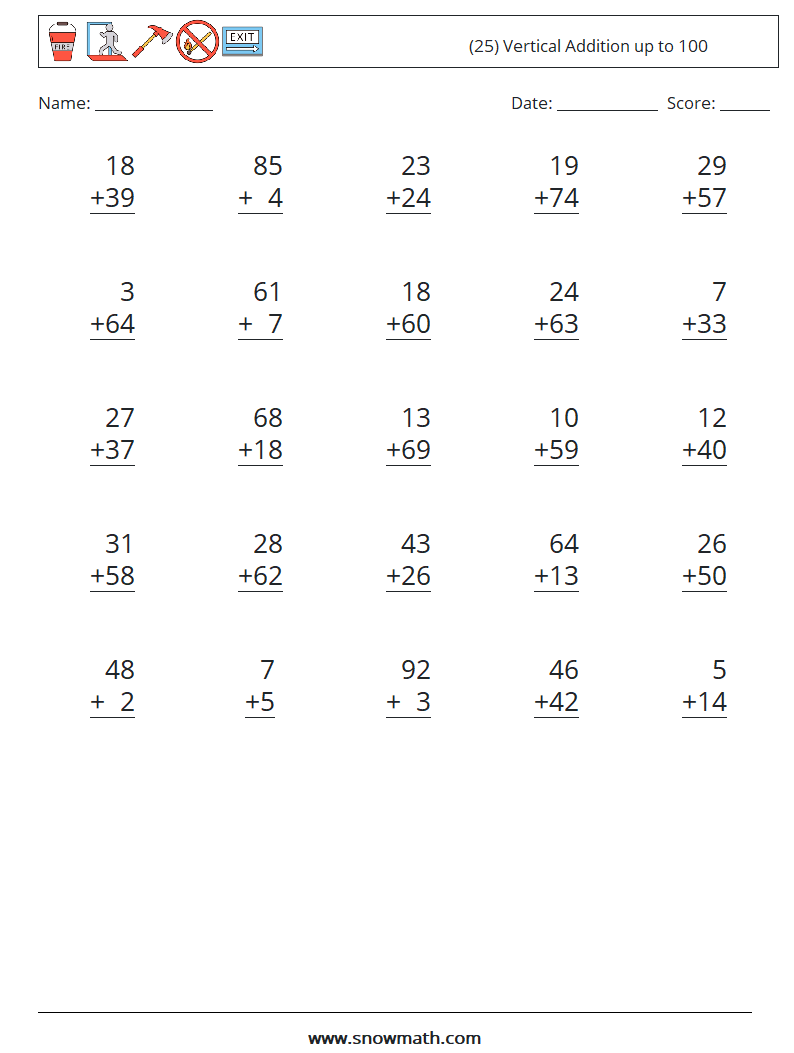 (25) Vertical Addition up to 100 Maths Worksheets 12