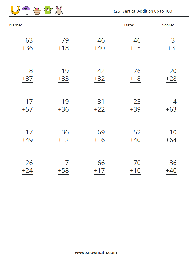 (25) Vertical Addition up to 100 Maths Worksheets 13