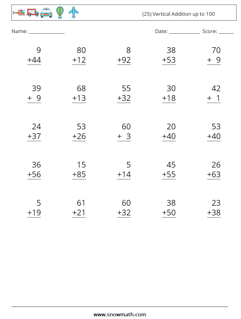 (25) Vertical Addition up to 100 Math Worksheets 14