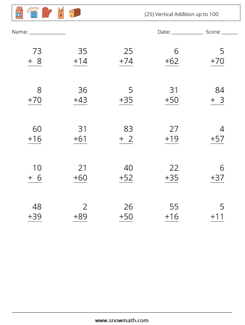 (25) Vertical Addition up to 100 Math Worksheets 15