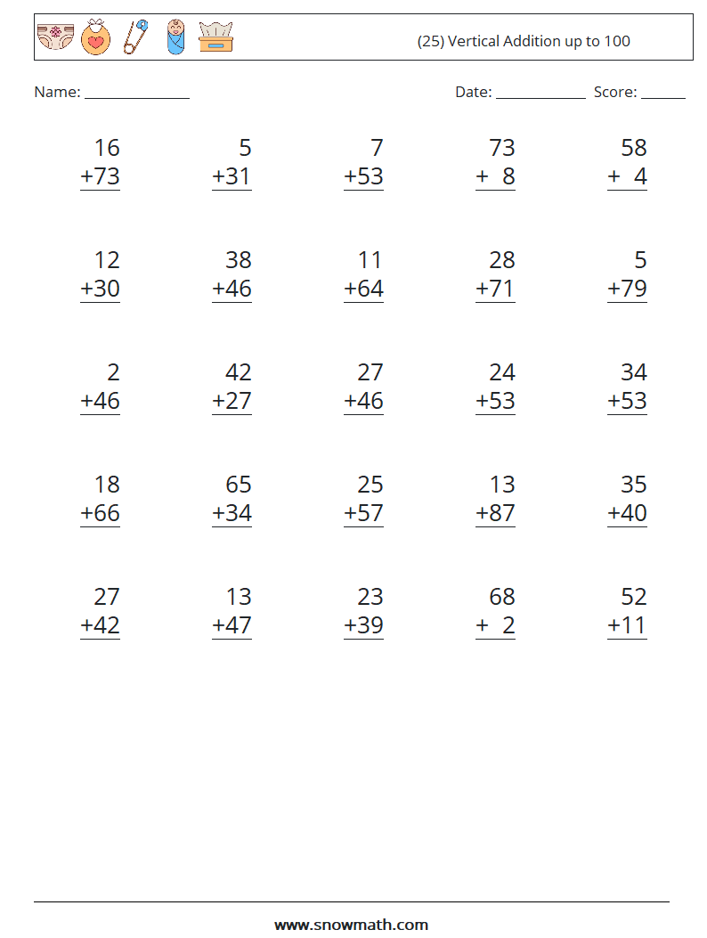 (25) Vertical Addition up to 100 Math Worksheets 16