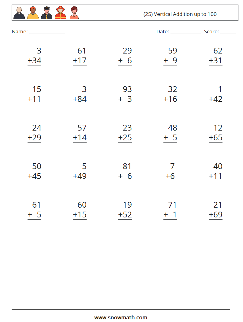 (25) Vertical Addition up to 100 Math Worksheets 17