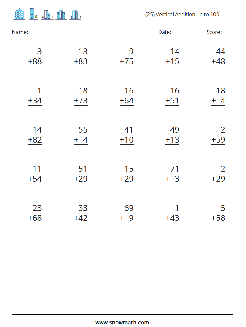 (25) Vertical Addition up to 100 Math Worksheets 4