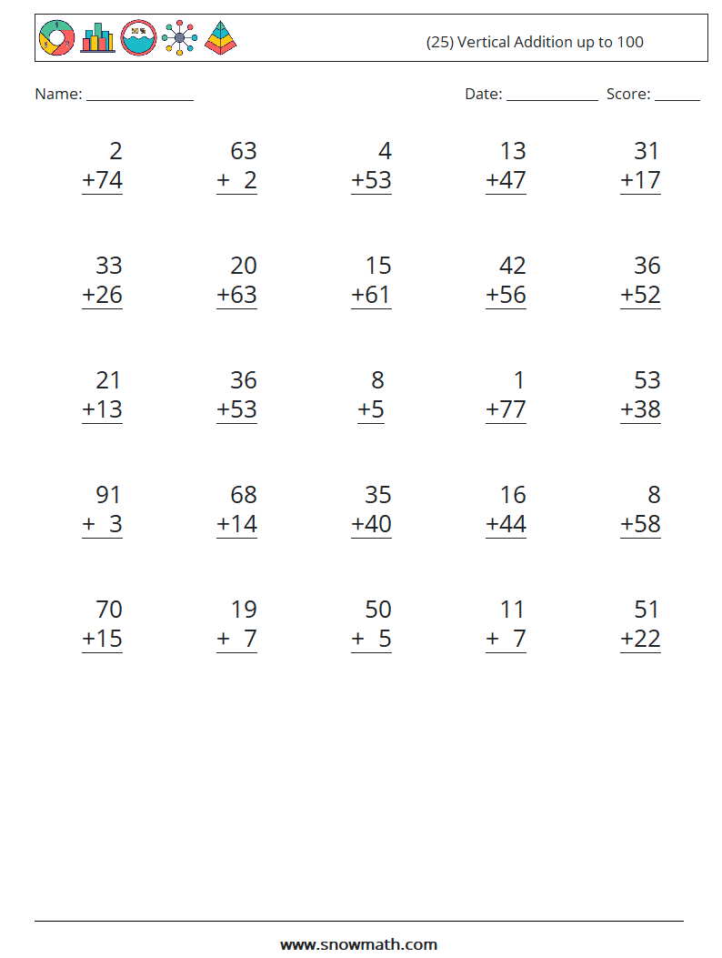 (25) Vertical Addition up to 100 Math Worksheets 5