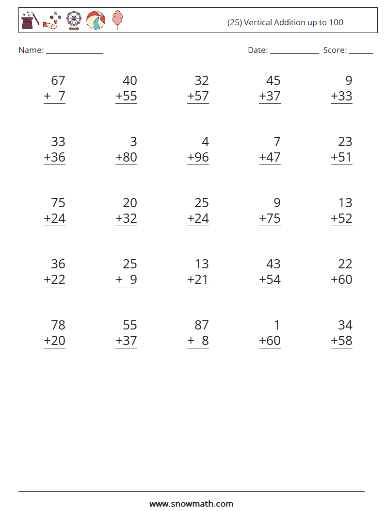 (25) Vertical Addition up to 100 Math Worksheets 6