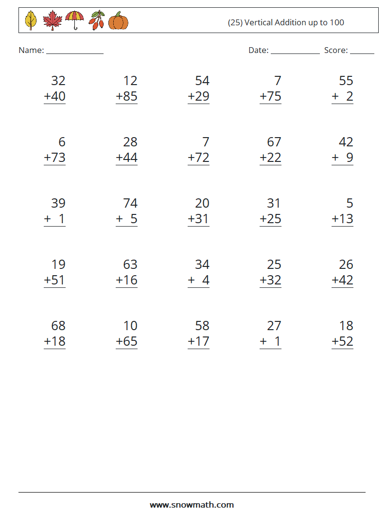 (25) Vertical Addition up to 100 Math Worksheets 7
