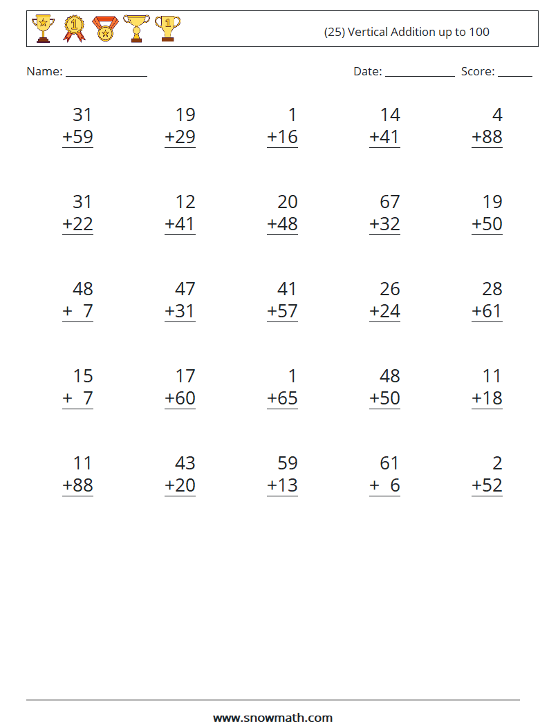 (25) Vertical Addition up to 100 Math Worksheets 8