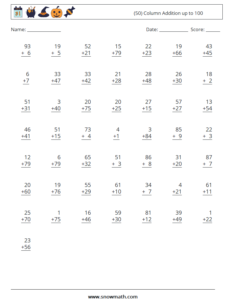 (50) Column Addition up to 100