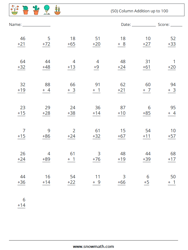 (50) Column Addition up to 100 Maths Worksheets 10