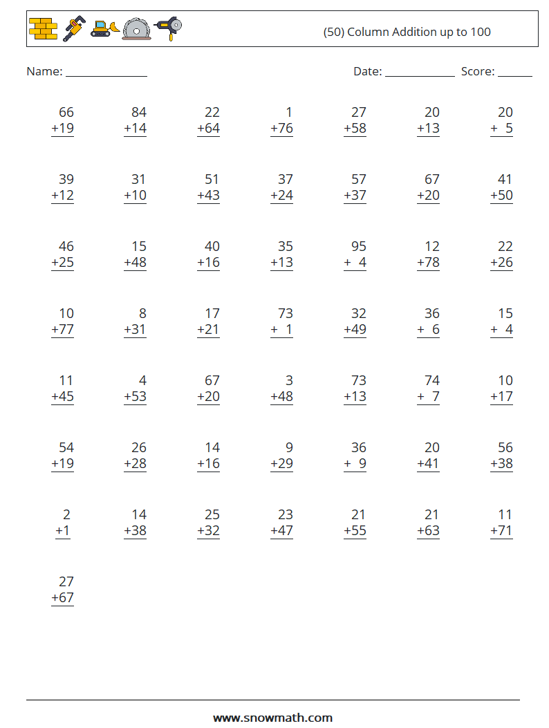 (50) Column Addition up to 100 Maths Worksheets 11