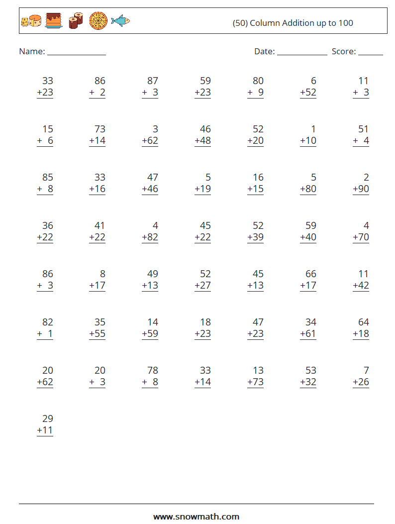 (50) Column Addition up to 100 Math Worksheets 12