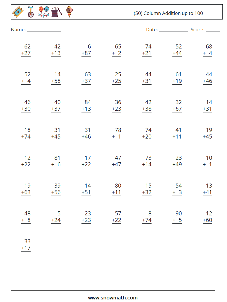 (50) Column Addition up to 100 Math Worksheets 13