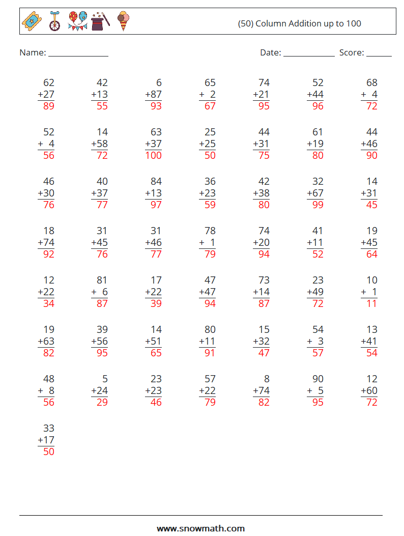 (50) Column Addition up to 100 Math Worksheets 13 Question, Answer