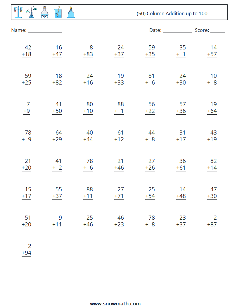 (50) Column Addition up to 100 Math Worksheets 14