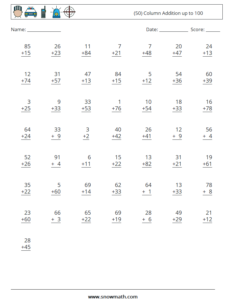 (50) Column Addition up to 100 Math Worksheets 15
