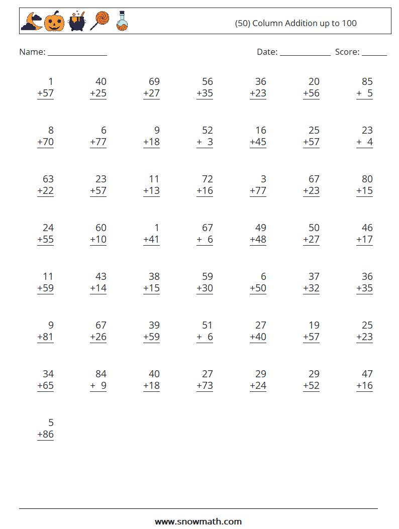 (50) Column Addition up to 100 Maths Worksheets 17