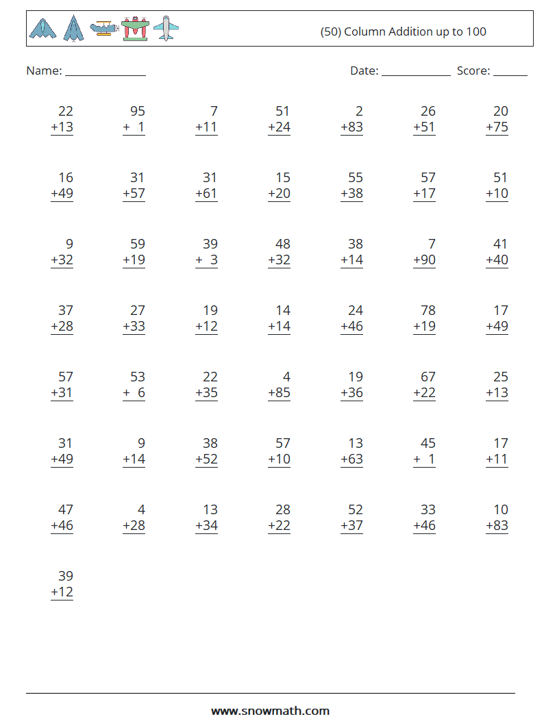 (50) Column Addition up to 100 Math Worksheets 18
