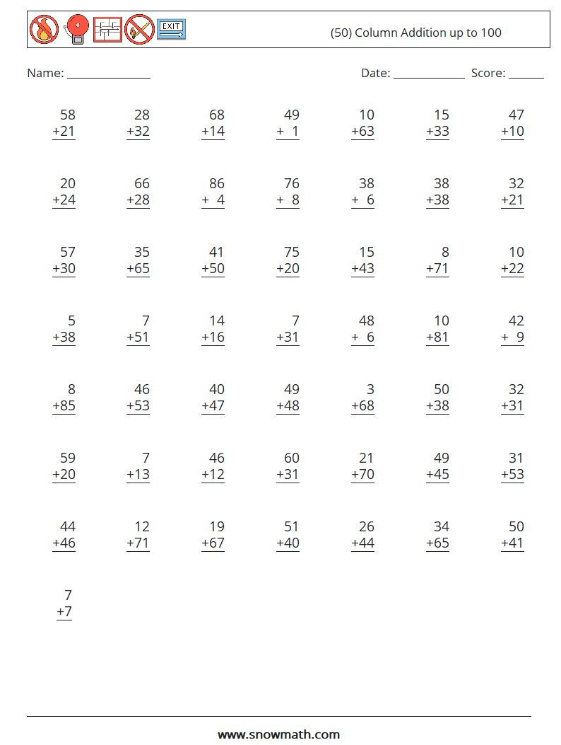 (50) Column Addition up to 100 Math Worksheets 2