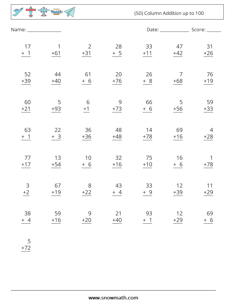 (50) Column Addition up to 100 Maths Worksheets 3