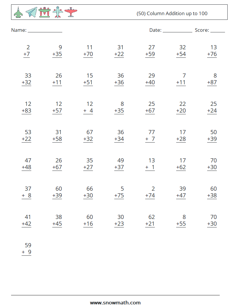 (50) Column Addition up to 100 Maths Worksheets 7
