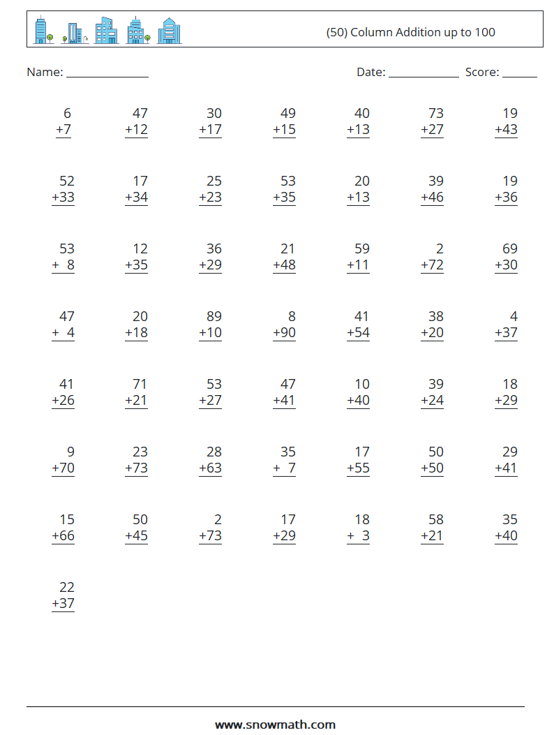 (50) Column Addition up to 100 Maths Worksheets 9