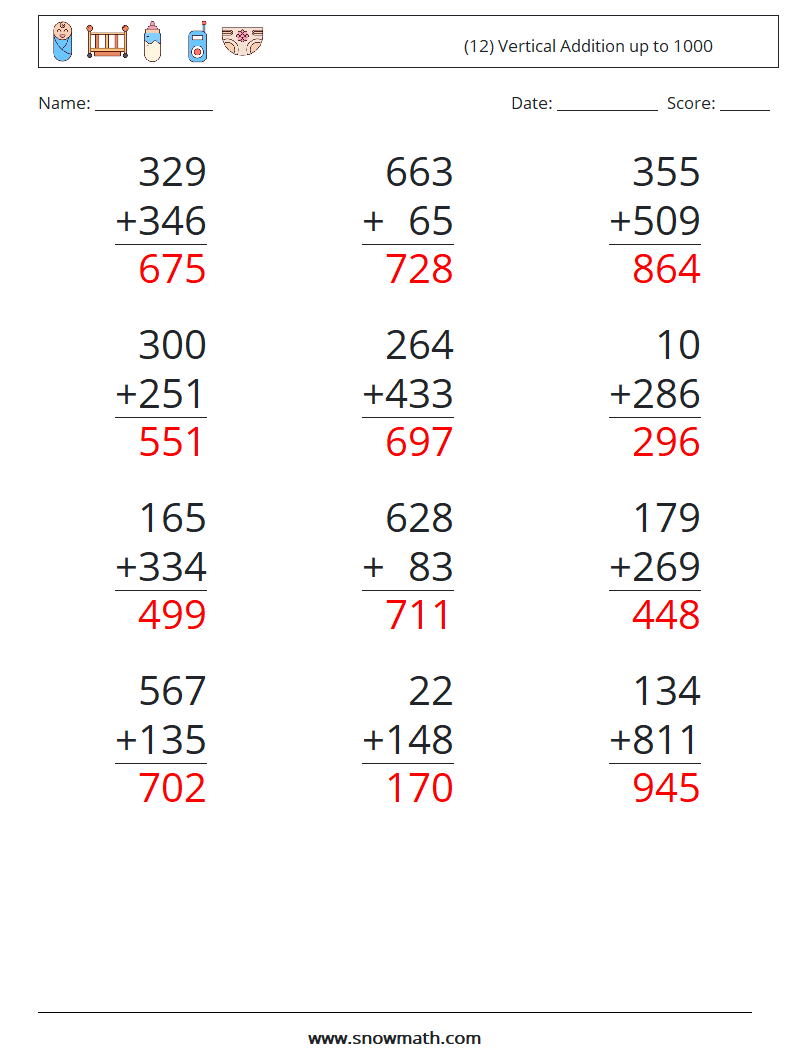 (12) Vertical Addition up to 1000 Math Worksheets 11 Question, Answer