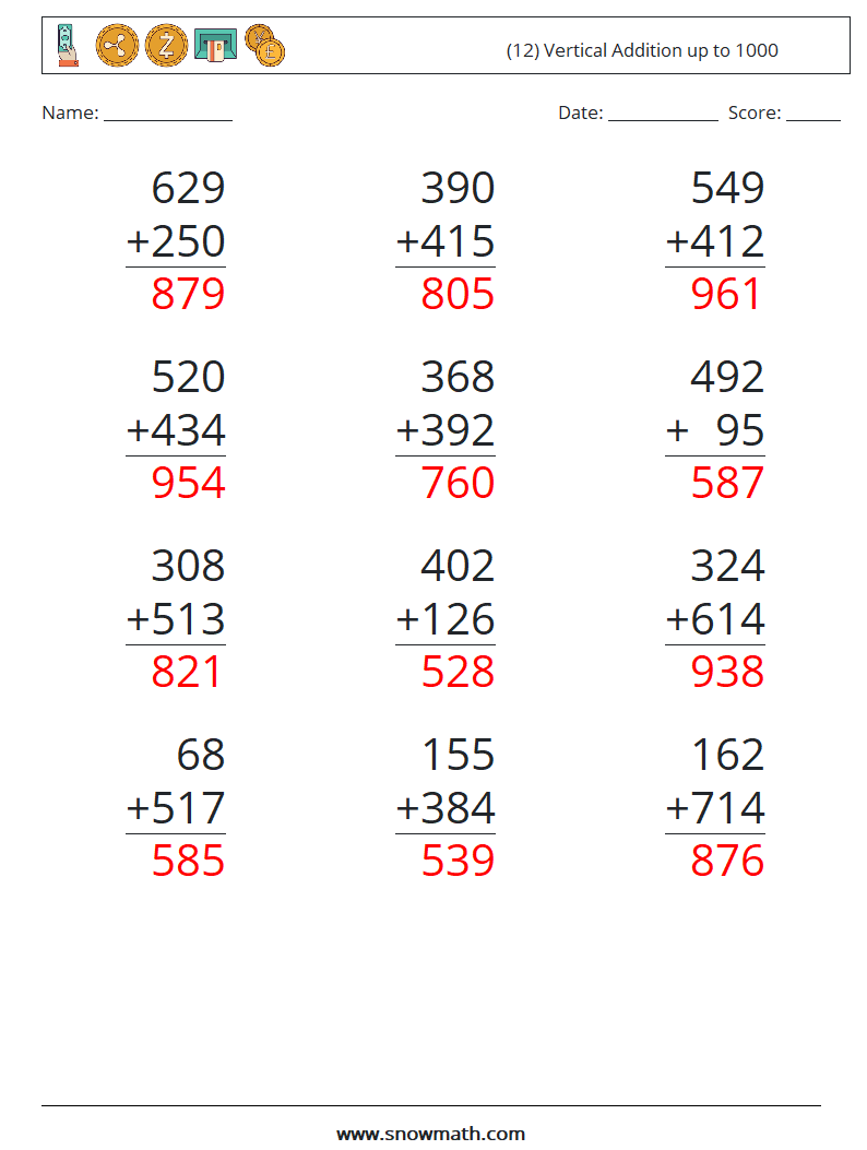 (12) Vertical Addition up to 1000 Math Worksheets 12 Question, Answer