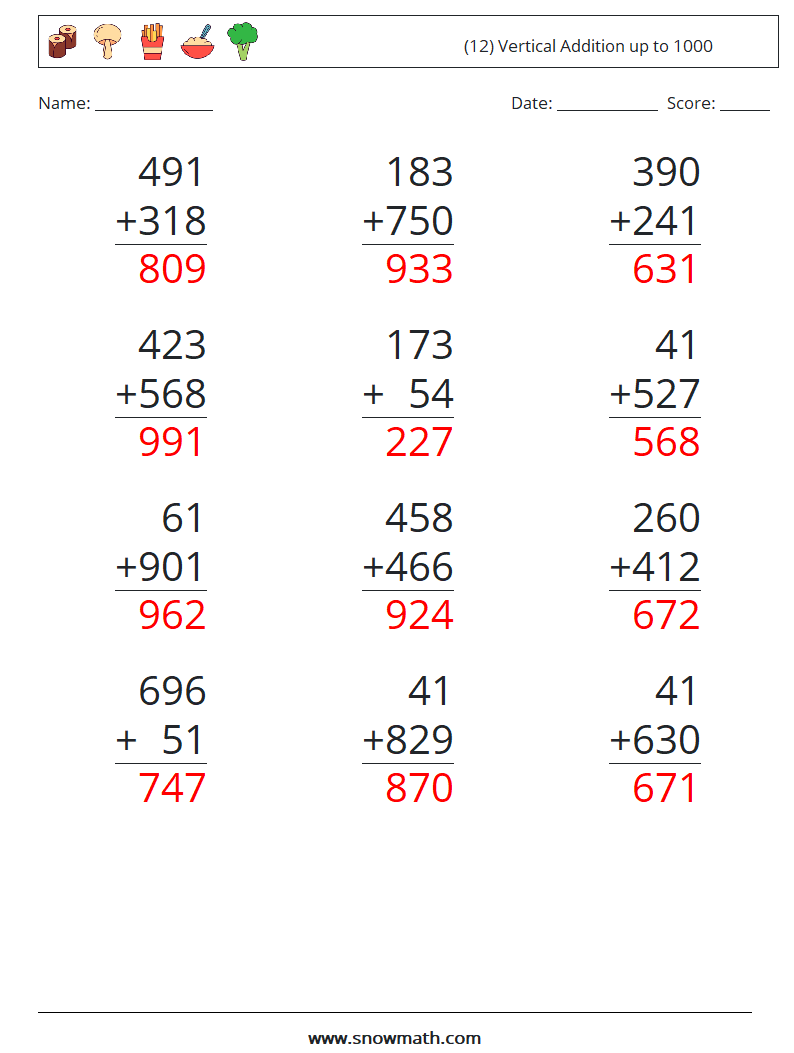 (12) Vertical Addition up to 1000 Math Worksheets 14 Question, Answer