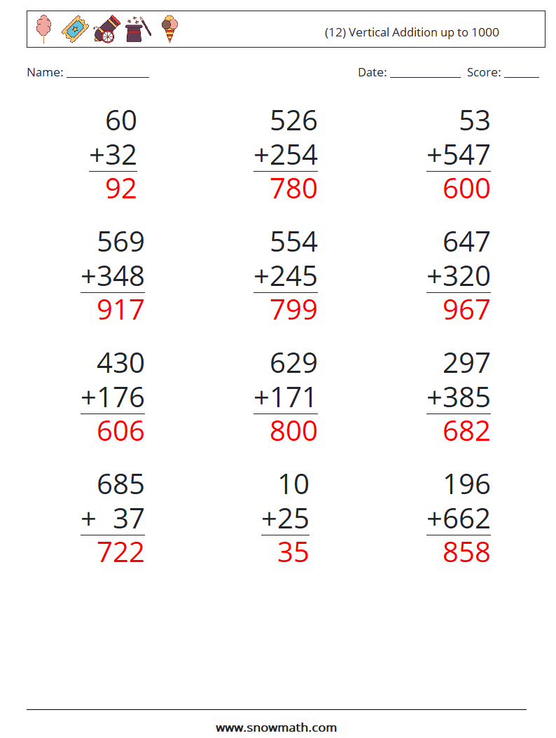 (12) Vertical Addition up to 1000 Math Worksheets 15 Question, Answer