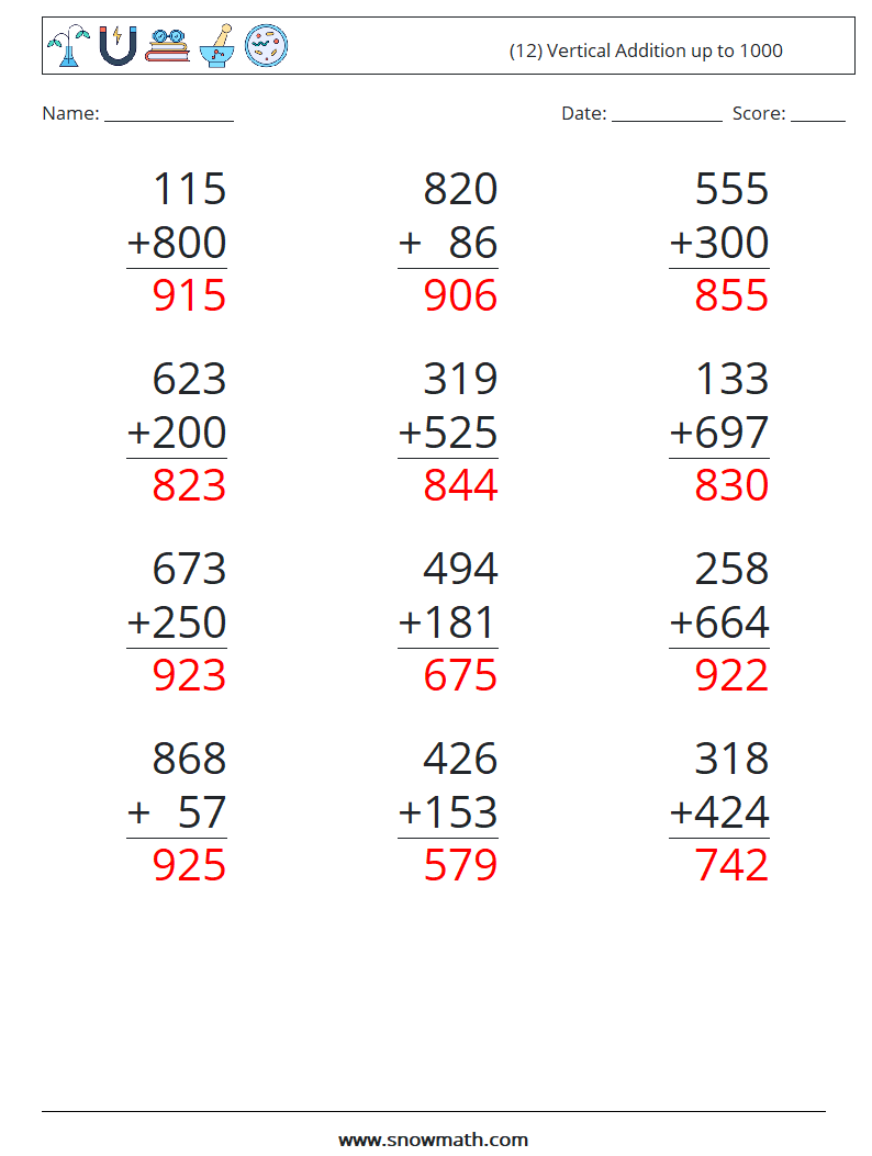 (12) Vertical Addition up to 1000 Math Worksheets 16 Question, Answer