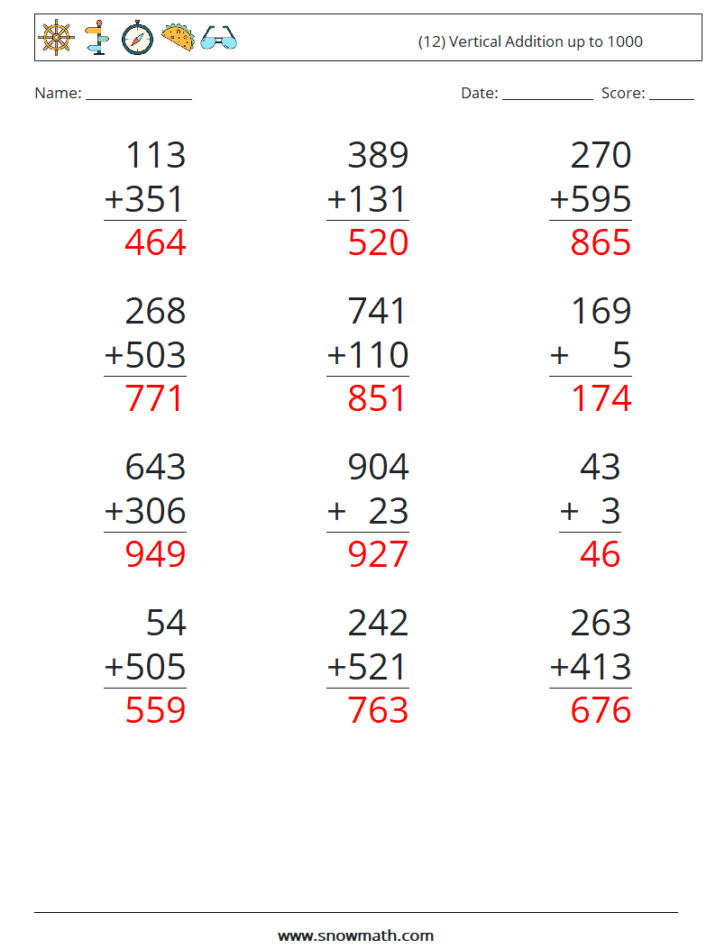 (12) Vertical Addition up to 1000 Math Worksheets 18 Question, Answer