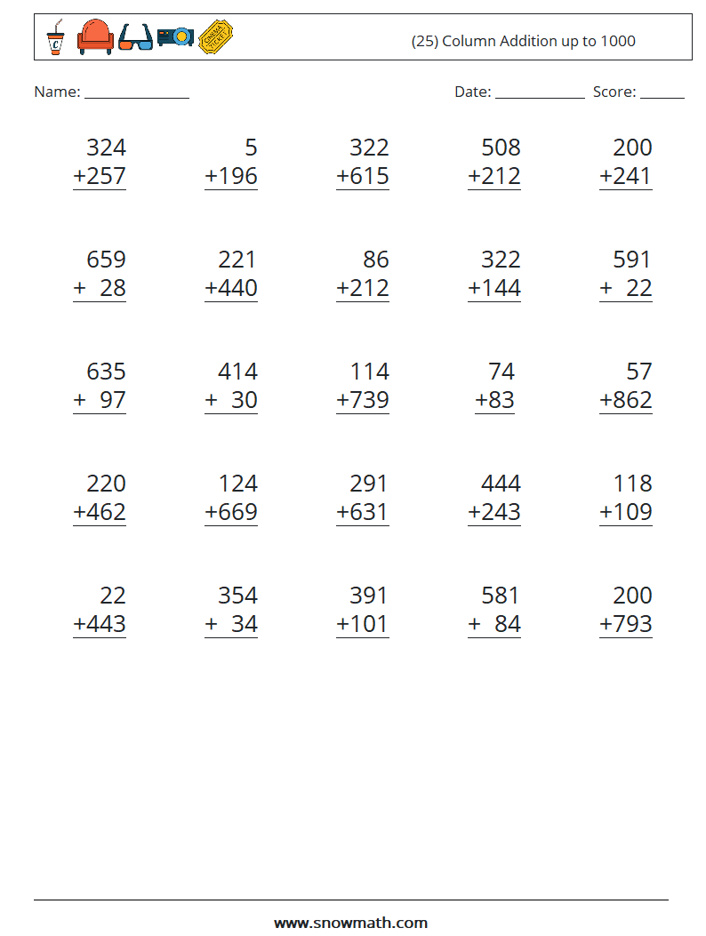 (25) Column Addition up to 1000 Maths Worksheets 10