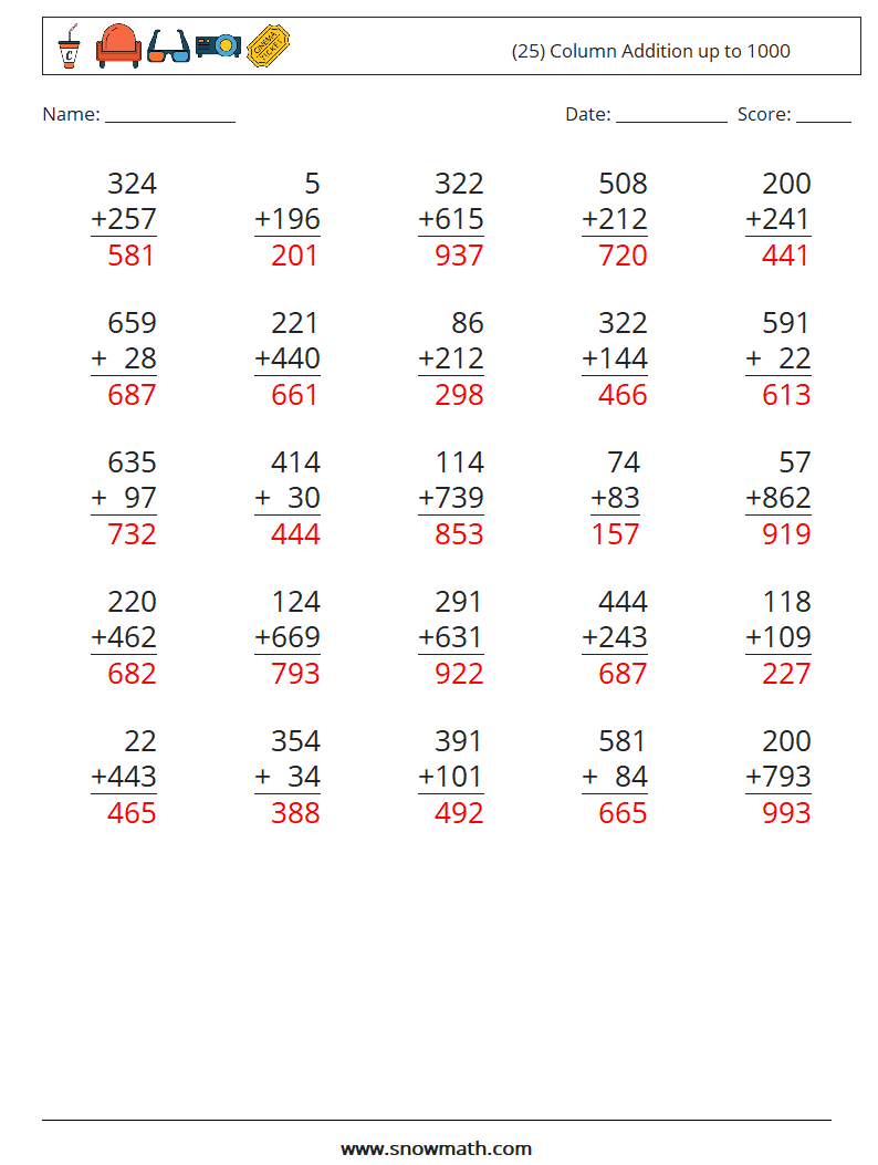 (25) Column Addition up to 1000 Math Worksheets 10 Question, Answer