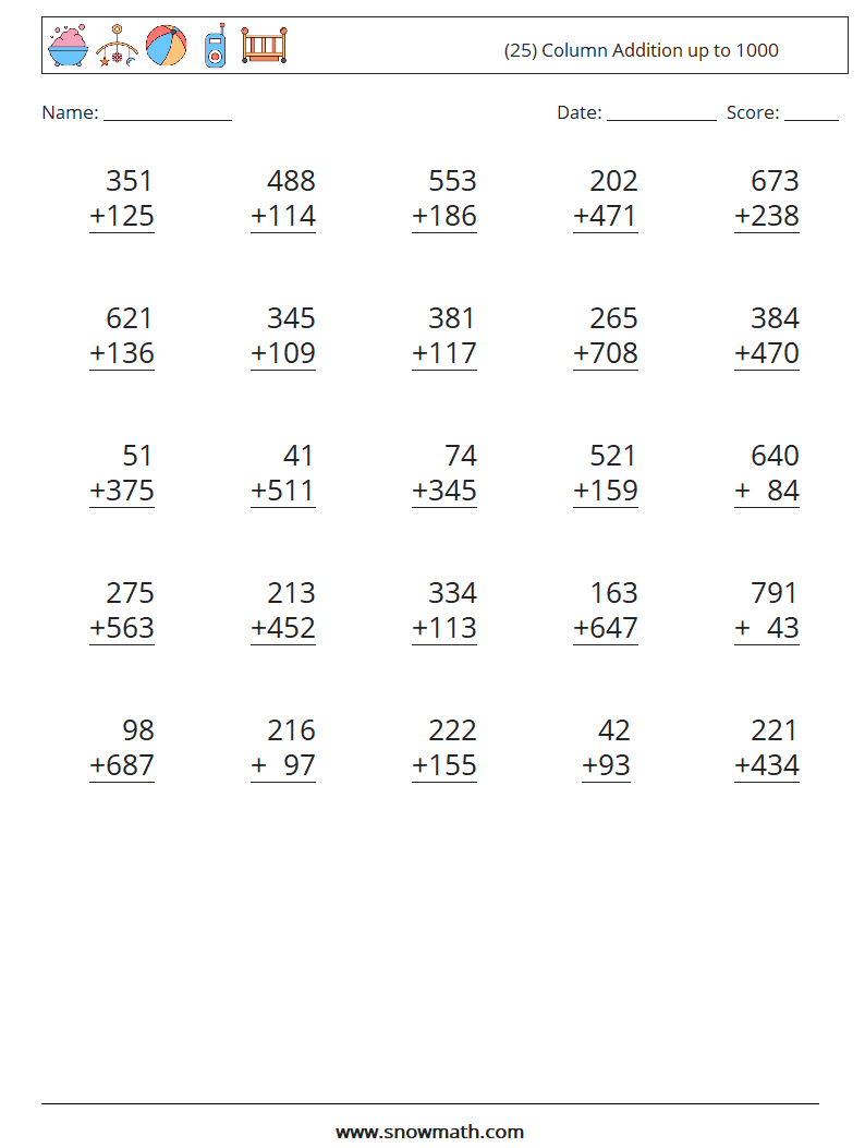 (25) Column Addition up to 1000 Math Worksheets 12