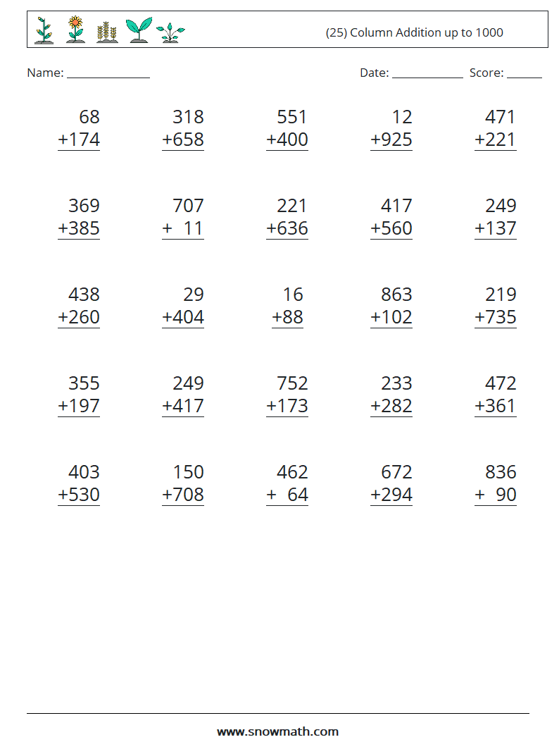 (25) Column Addition up to 1000 Maths Worksheets 13