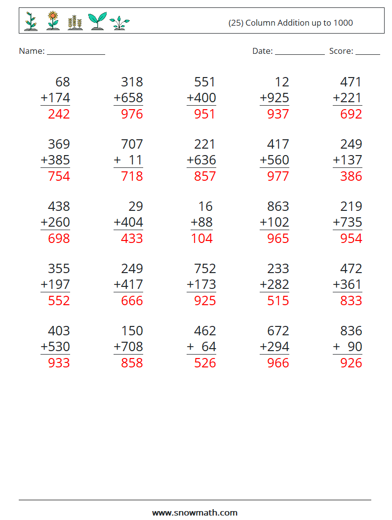 (25) Column Addition up to 1000 Math Worksheets 13 Question, Answer