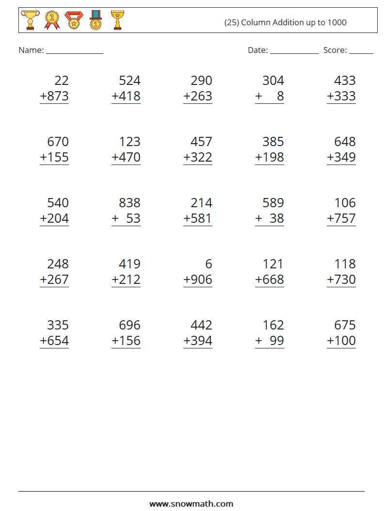 (25) Column Addition up to 1000 Maths Worksheets 14