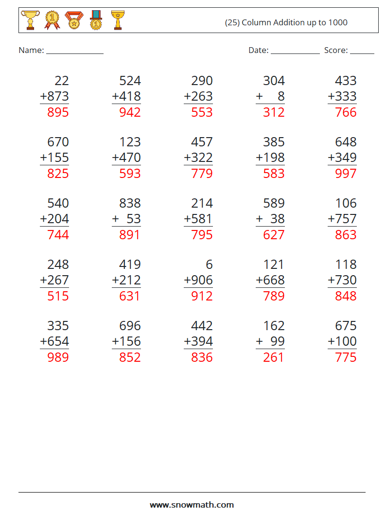 (25) Column Addition up to 1000 Math Worksheets 14 Question, Answer