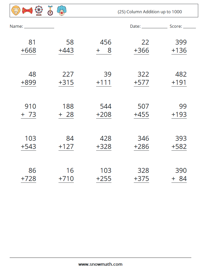 (25) Column Addition up to 1000 Math Worksheets 16