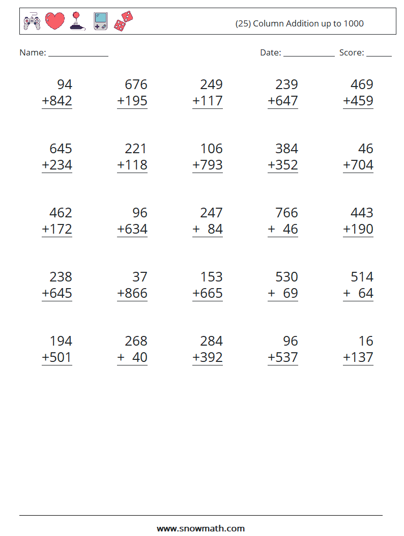 (25) Column Addition up to 1000 Maths Worksheets 17