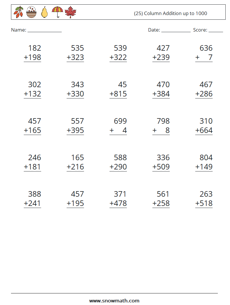 (25) Column Addition up to 1000 Maths Worksheets 18