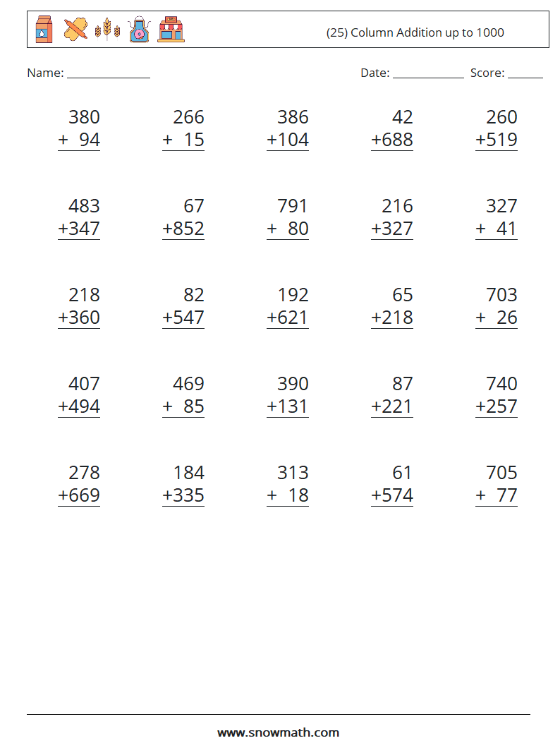 (25) Column Addition up to 1000 Math Worksheets 2