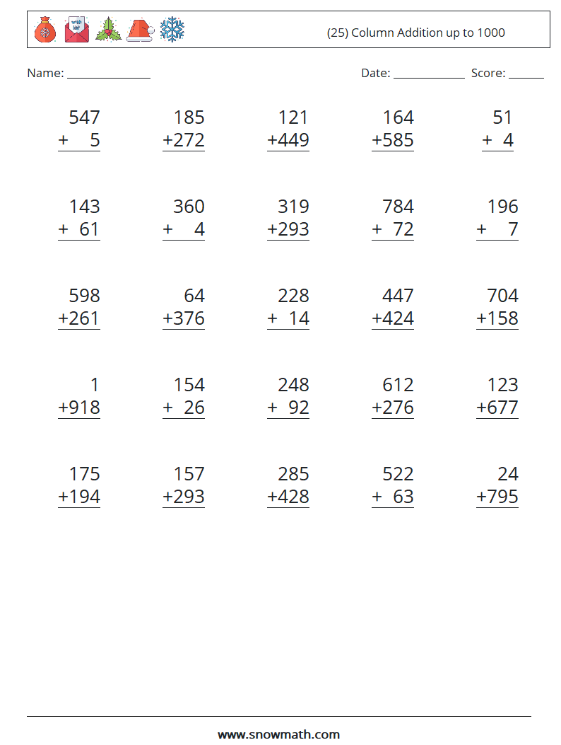 (25) Column Addition up to 1000 Maths Worksheets 4